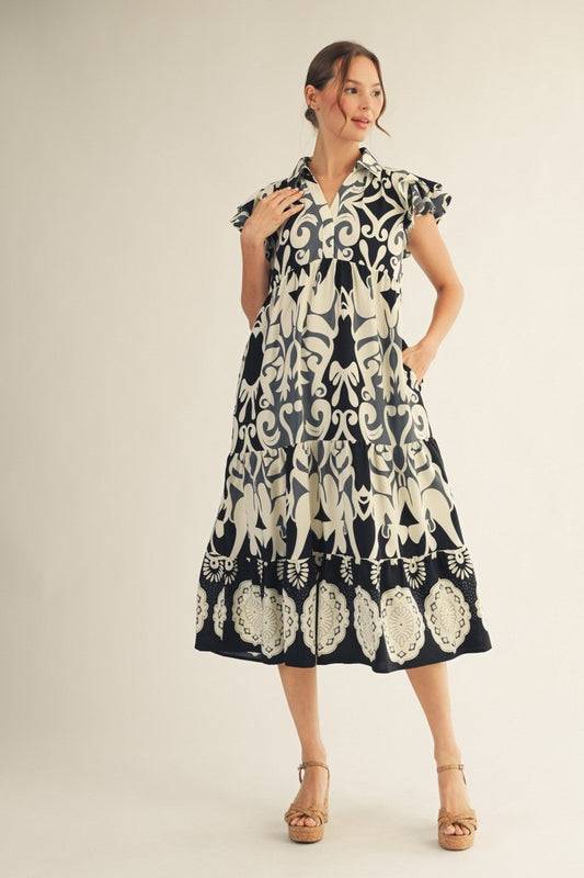 Boho Print Tiered Midi Dress